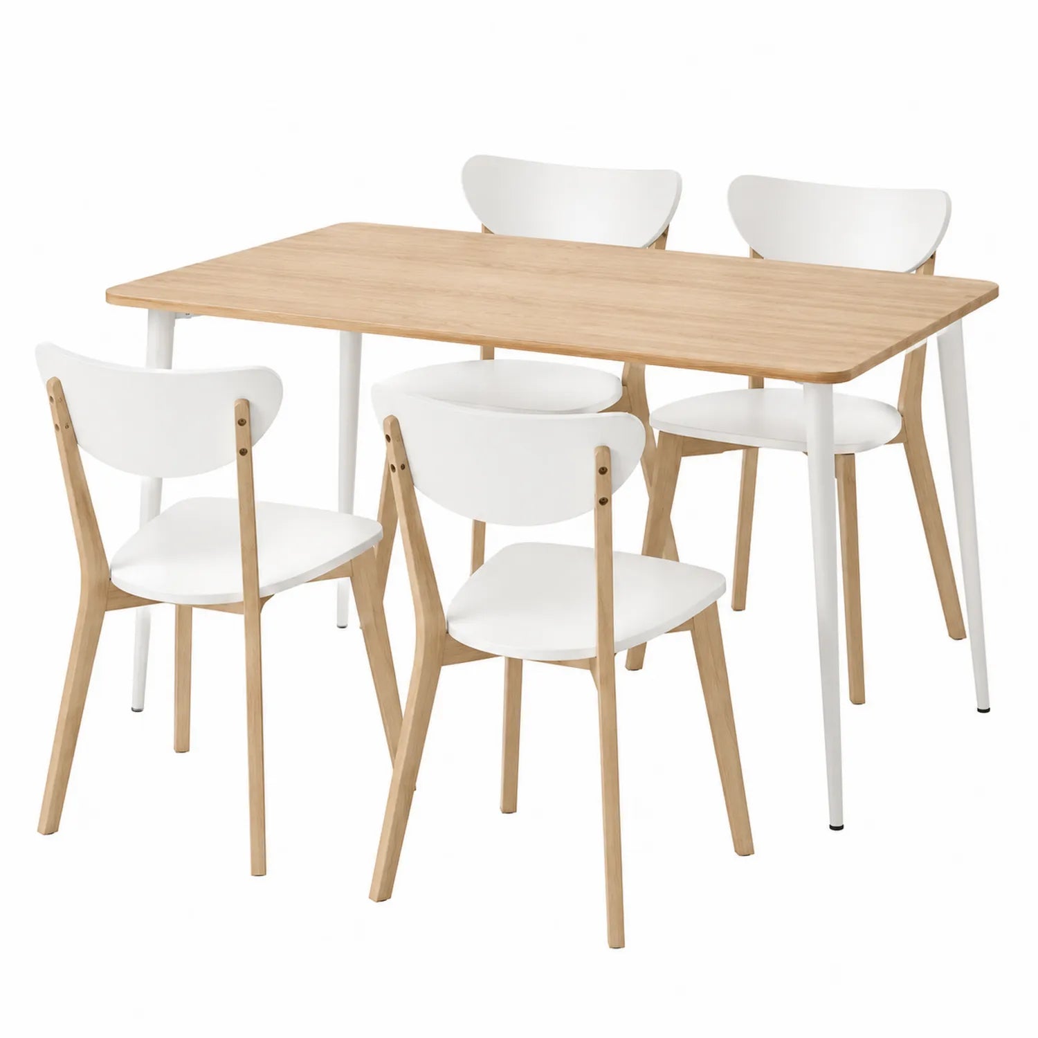 Conjunto de comedor 5 piezas, mesa de madera y metal, sillas tapizadas blancas