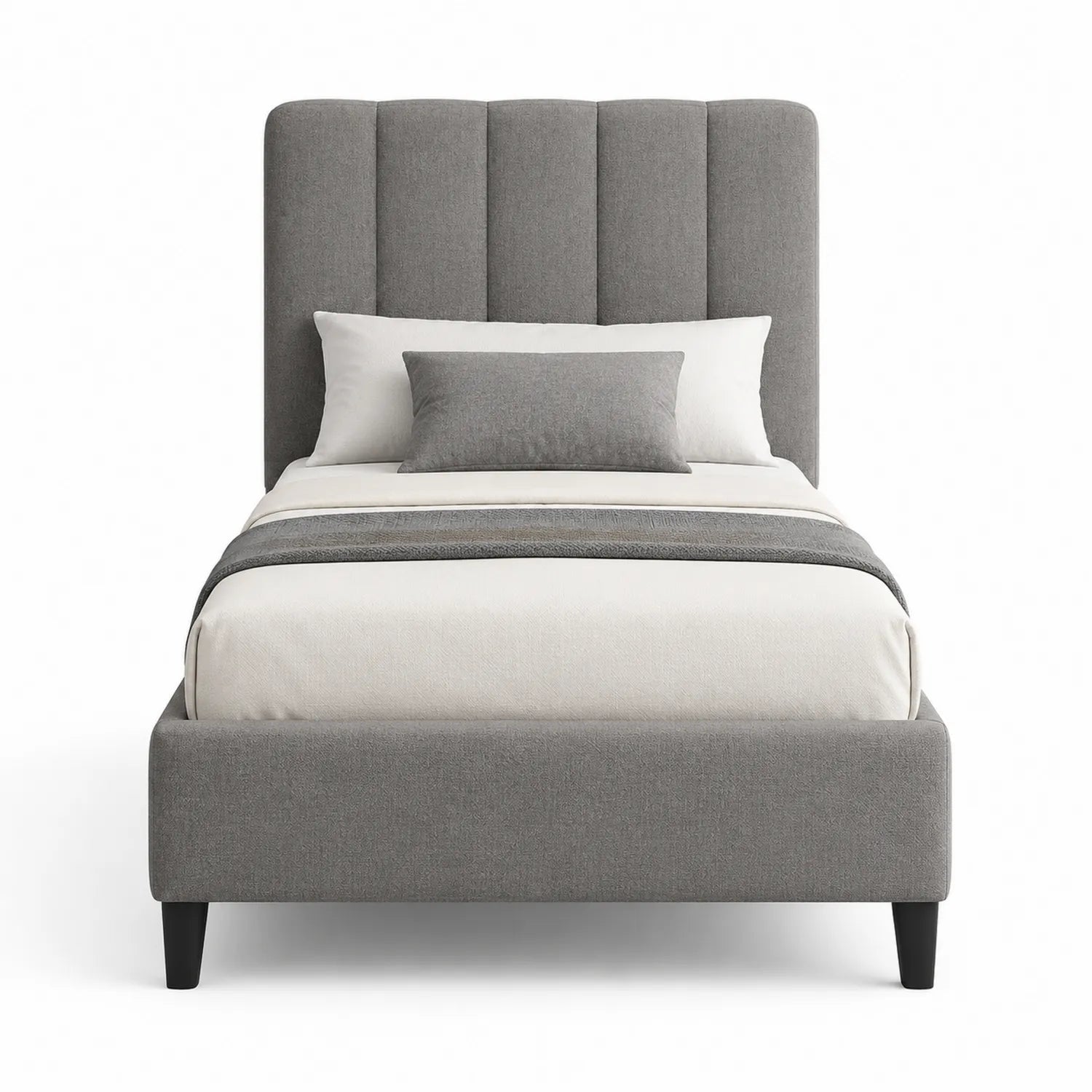 Cama individual de tela gris con cabecero acolchado y patas de madera