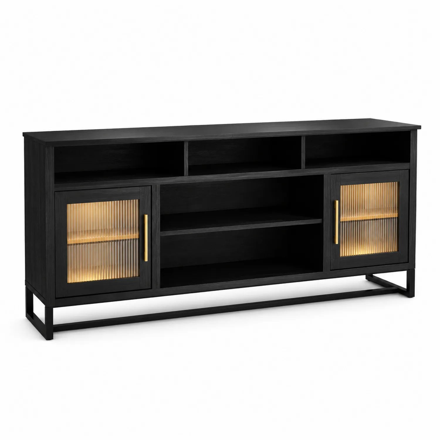 Mueble de TV de MDF negro con puertas de vidrio templado