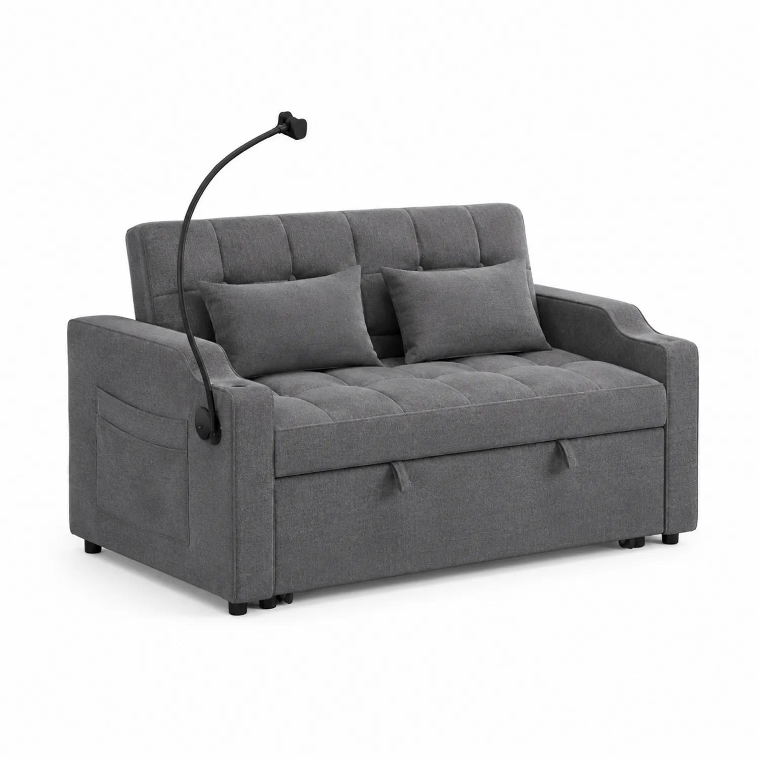 Sofá cama doble de tela gris con lámpara ajustable