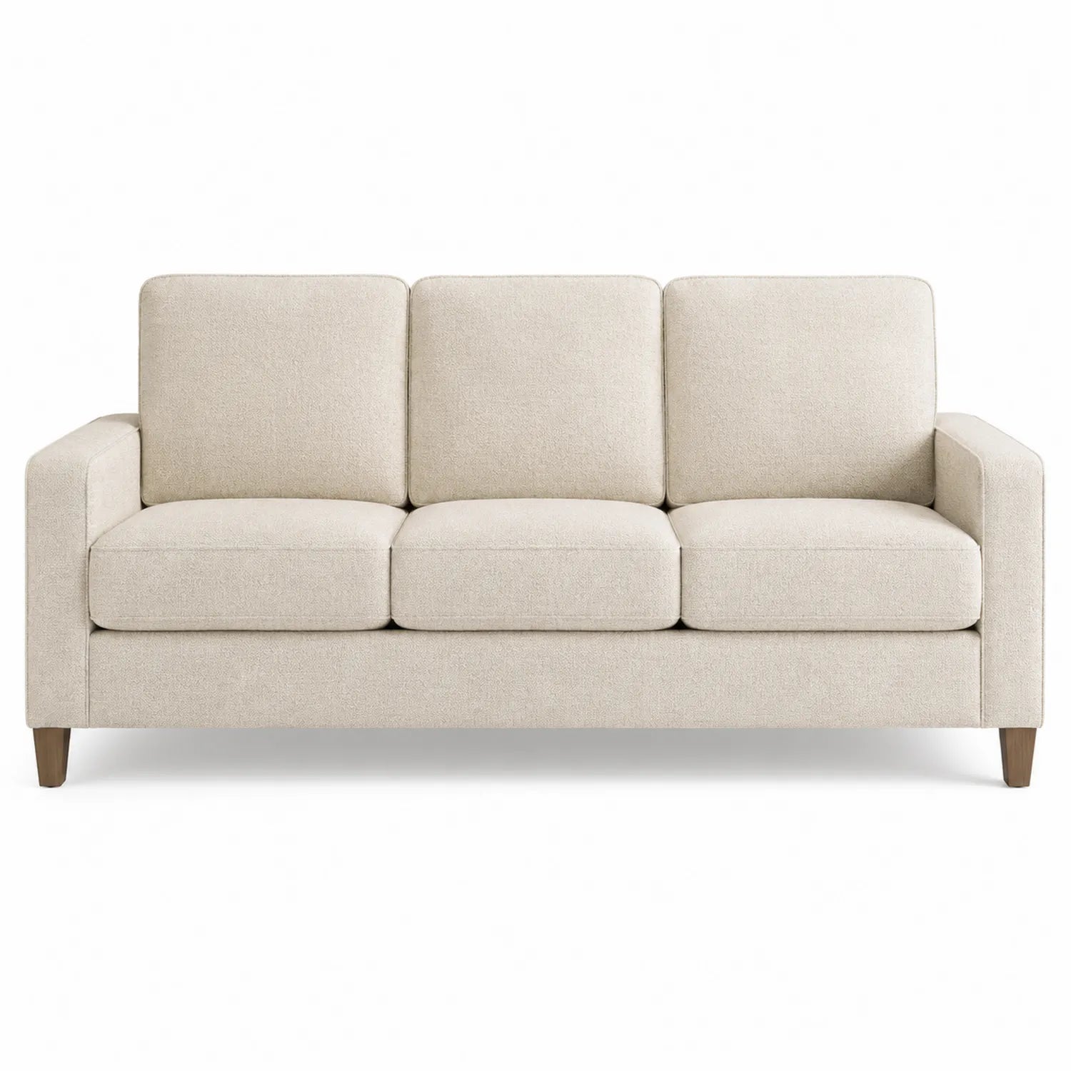 Sofá de 3 plazas de tela beige con patas de madera