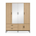 Armario de Madera con Espejo de 4 Puertas y 2 Cajones 180x200 cm Natural
