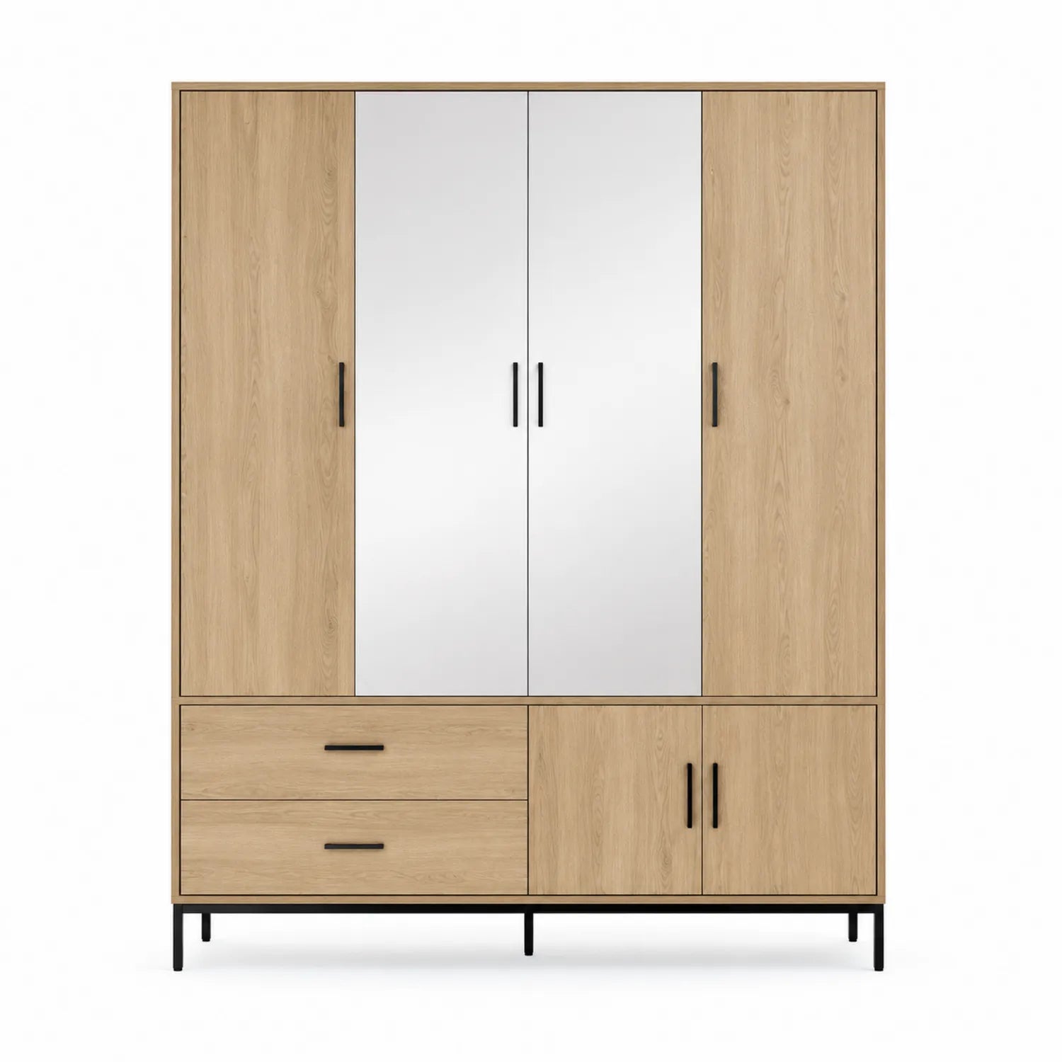 Armario de Madera con Espejo de 4 Puertas y 2 Cajones 180x200 cm Natural