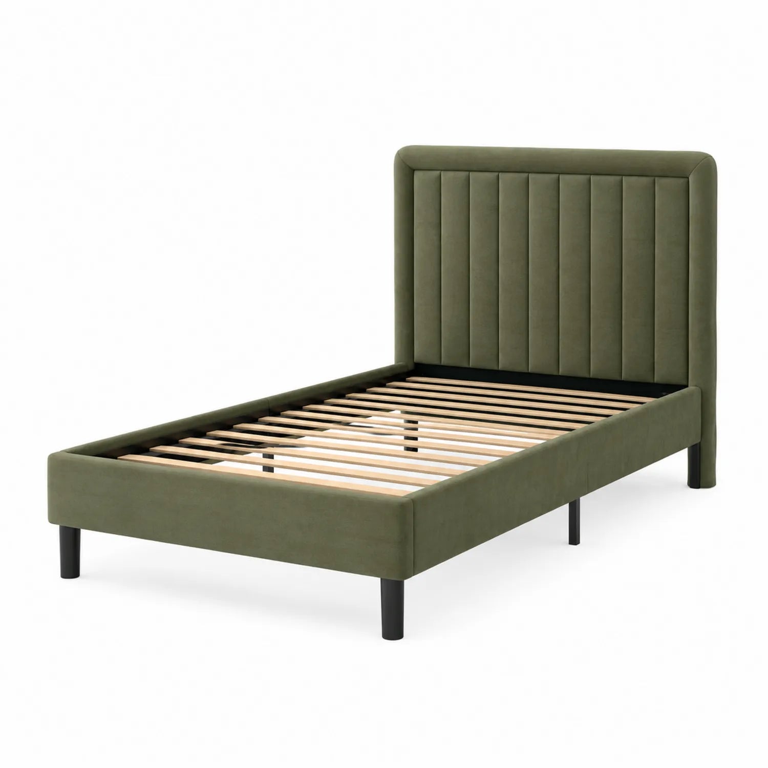 Cama individual verde con cabecero acolchado y listones de madera