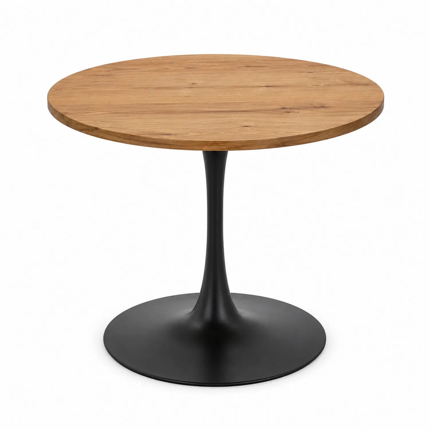 Mesa redonda de comedor de madera con base metálica negra de diámetro 80 cm
