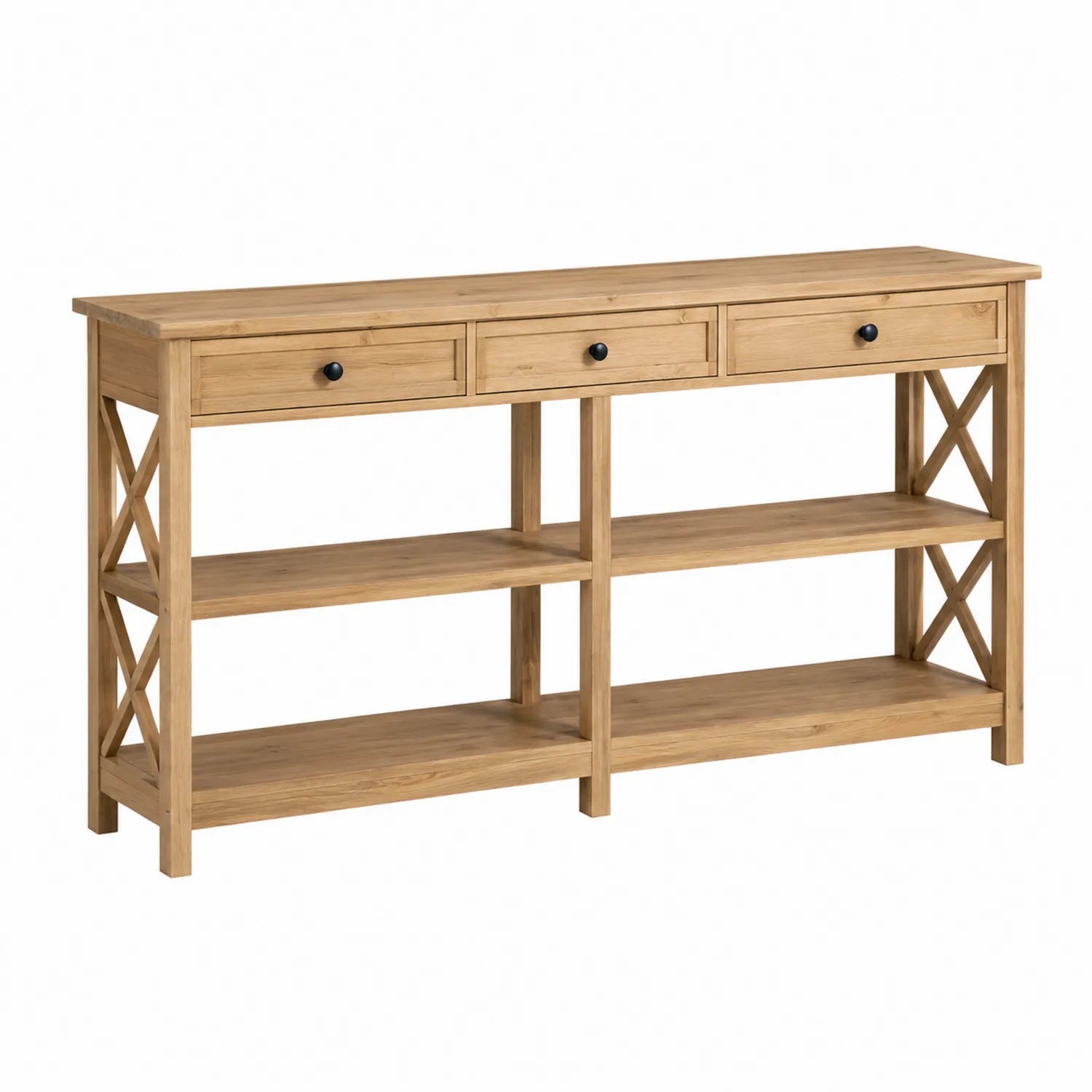 Mesa consola de madera maciza de pino con cajones y estantes