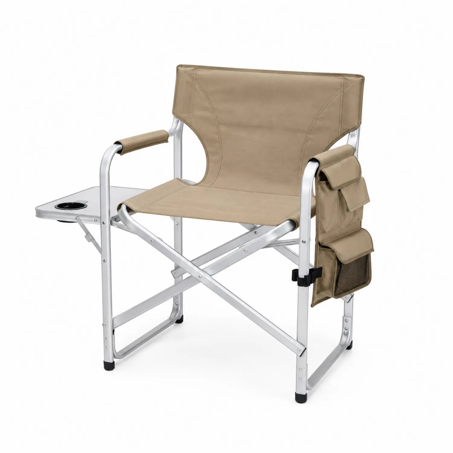 Silla plegable de aluminio con asiento de tela marrón y bandeja con portavasos