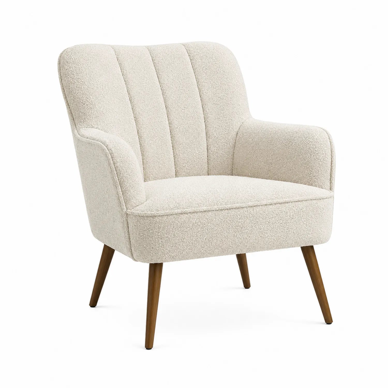 Sillón de tela bouclé con patas de madera
