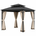 Pérgola de aluminio con techo de acero y cortinas de poliéster 300x300x260 cm Beige/Negro