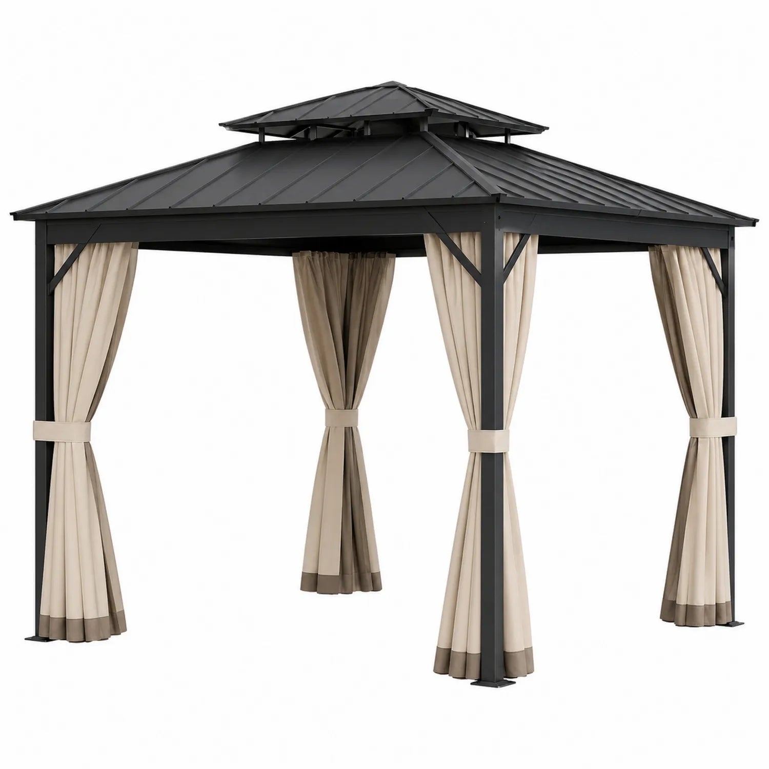 Pérgola de aluminio con techo de acero y cortinas de poliéster 300x300x260 cm Beige/Negro
