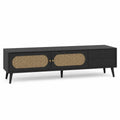 Mueble de TV de madera y ratán negro con 2 puertas y 3 cajones