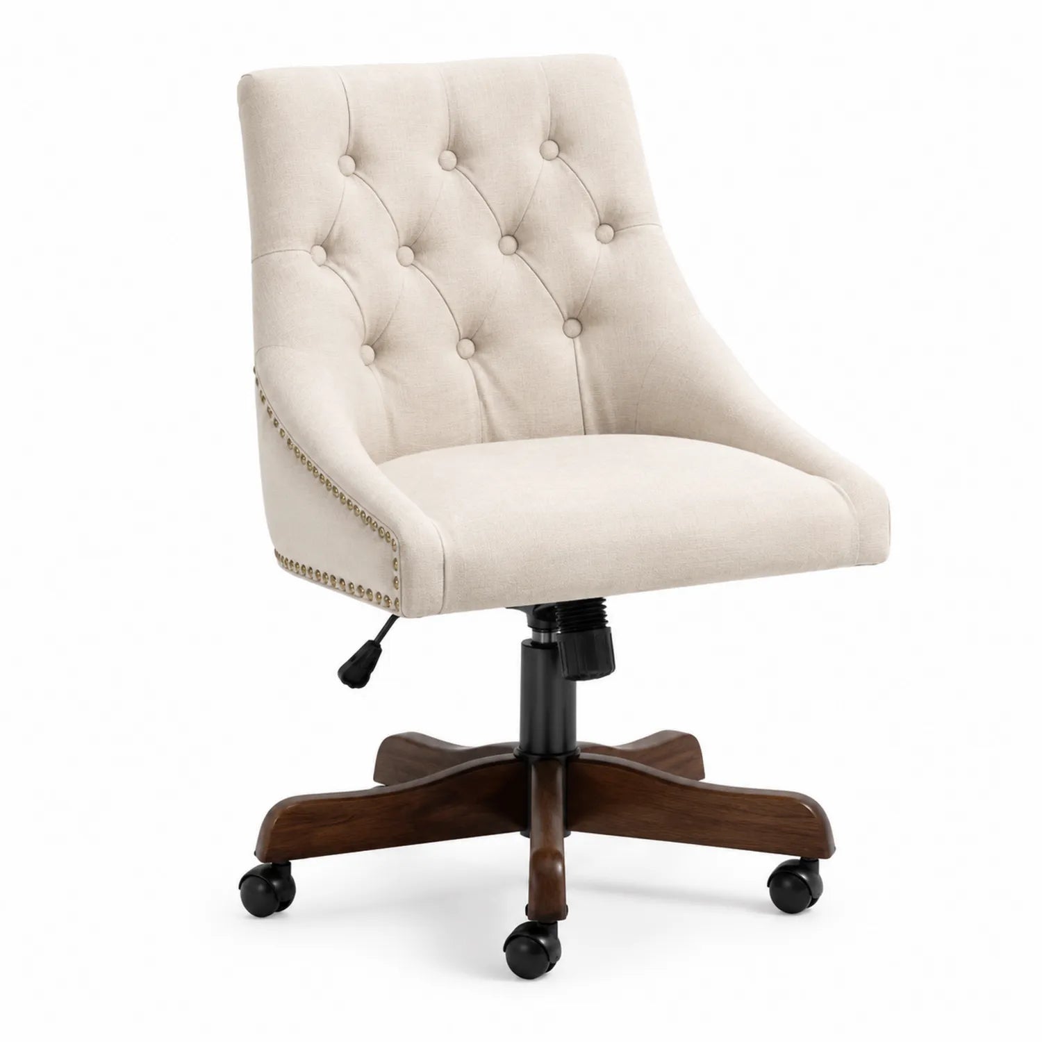 Silla de Oficina de Lino Beige con Base de Madera