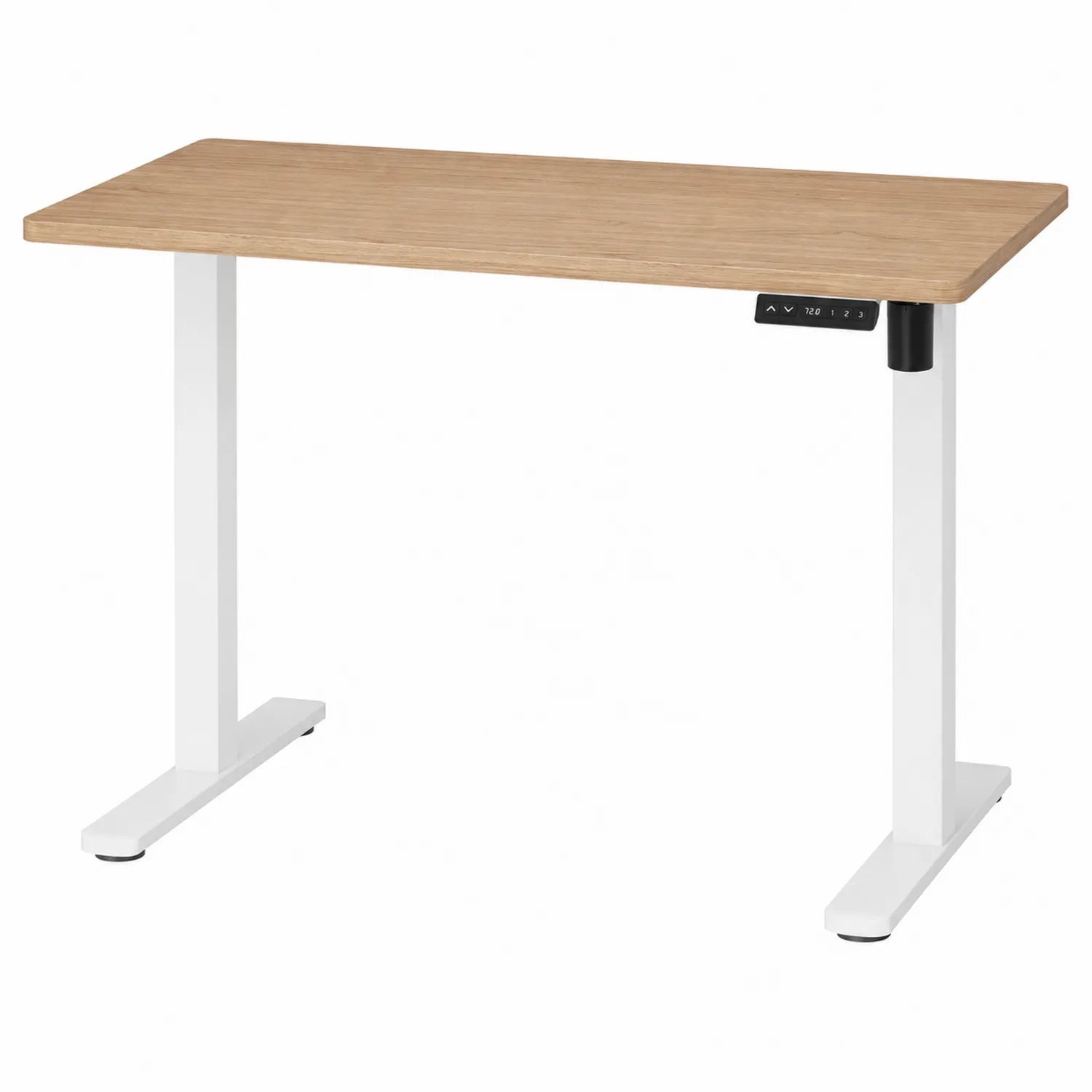 Escritorio ajustable eléctrico con superficie de madera y base blanca