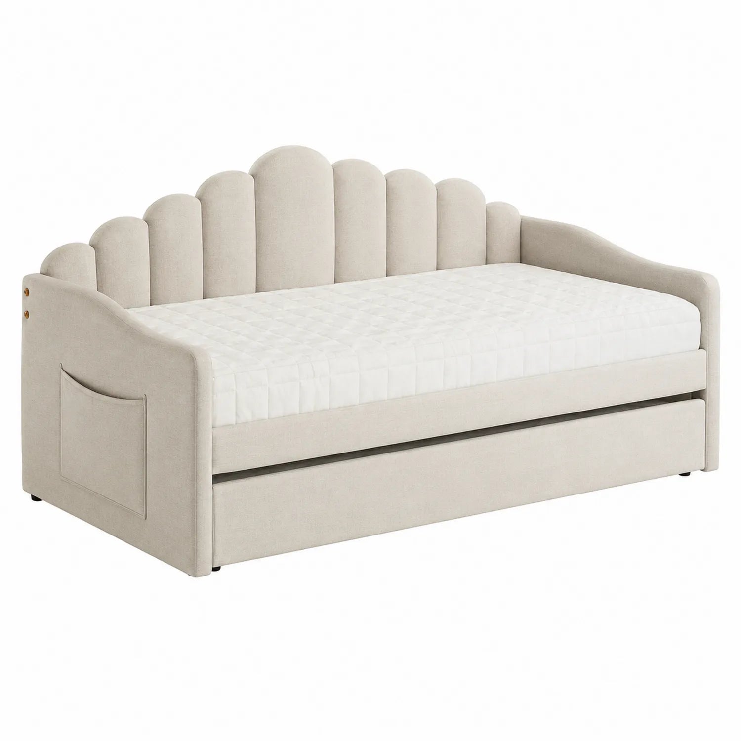 Cama nido de lino beige con colchón acolchado