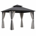 Pérgola de aluminio con techo de hierro y cortinas de poliéster gris