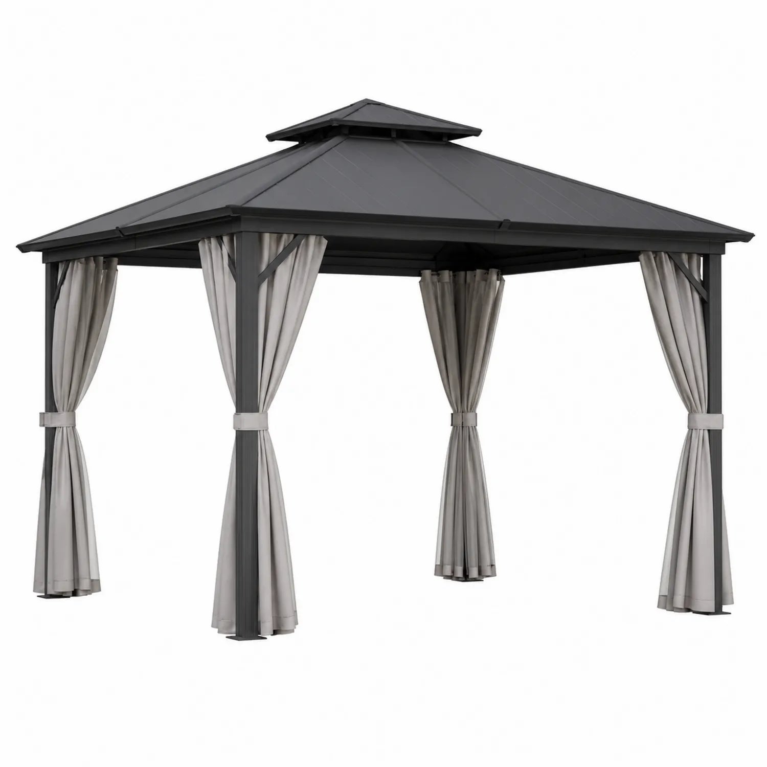 Pérgola de aluminio con techo de hierro y cortinas de poliéster gris
