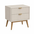 Mesita de noche de MDF con cajones y patas de roble, Beige