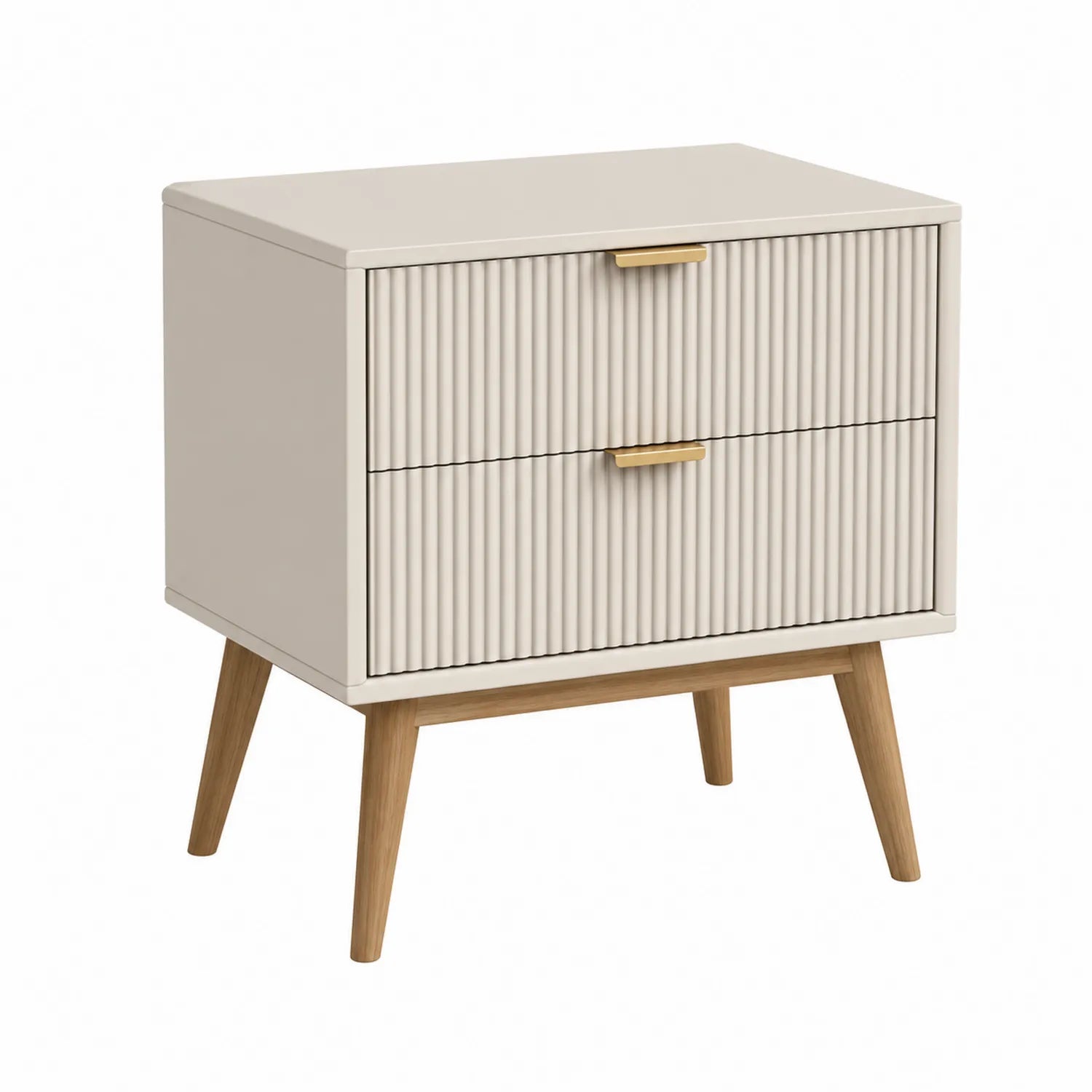 Mesita de noche de MDF con cajones y patas de roble, Beige