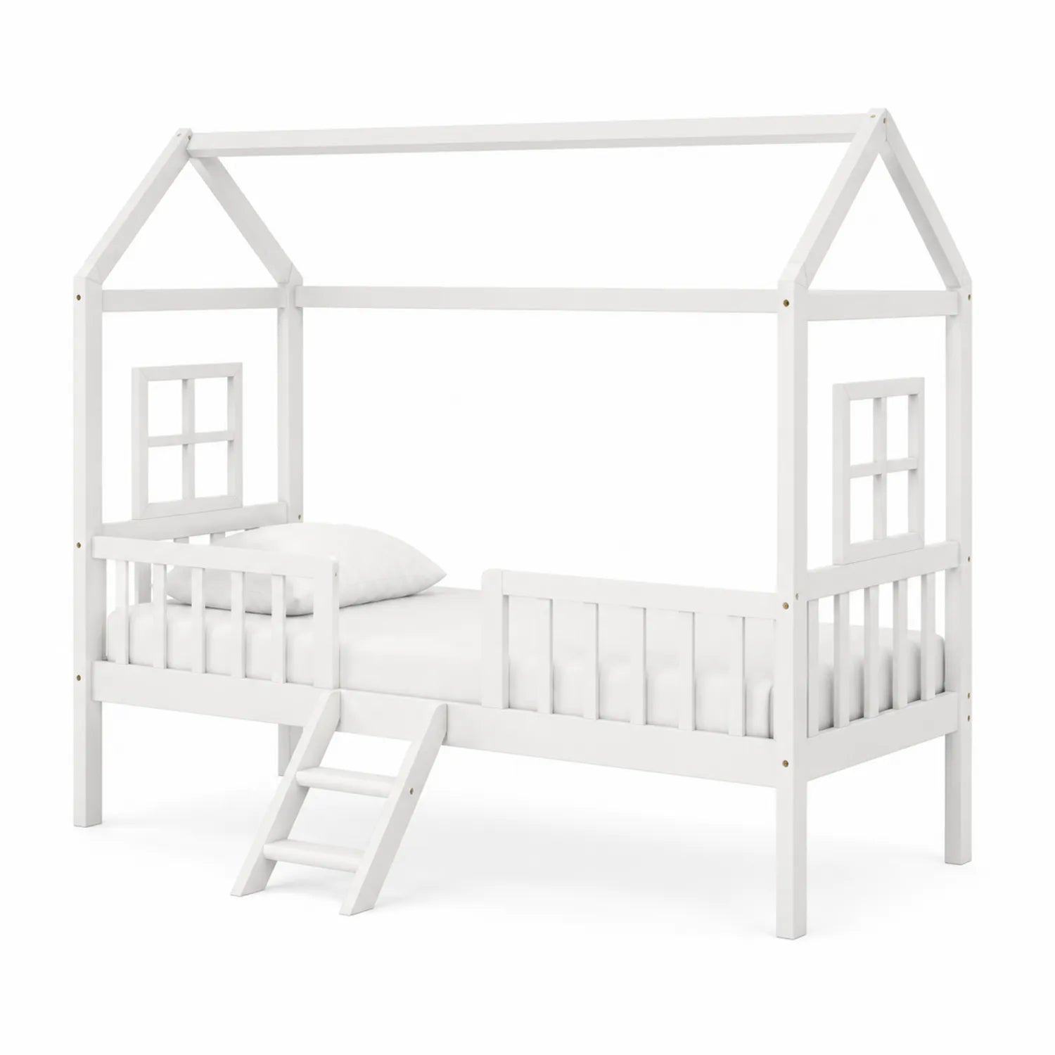 Cama infantil de madera blanca con forma de cabaña