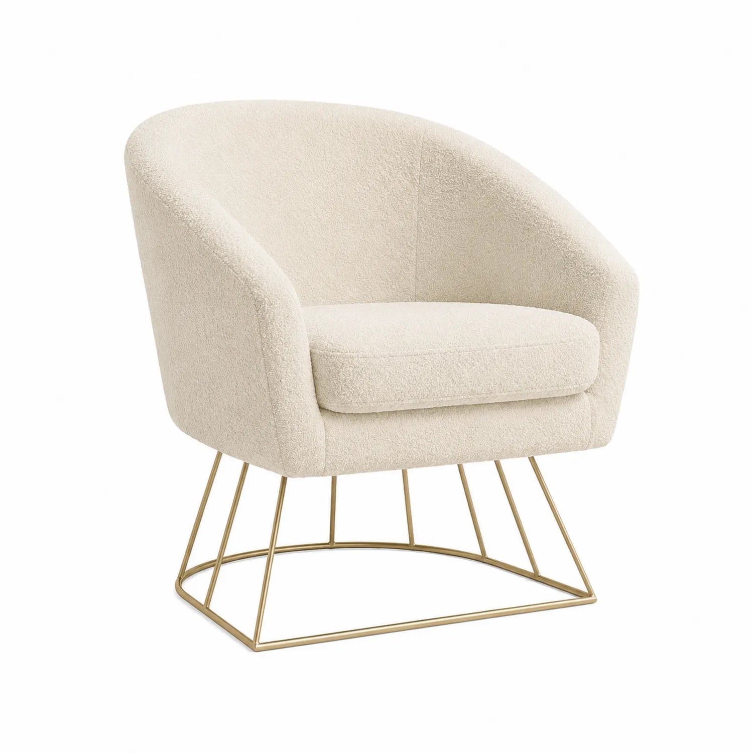 Sillón de tela bouclé beige con base de metal