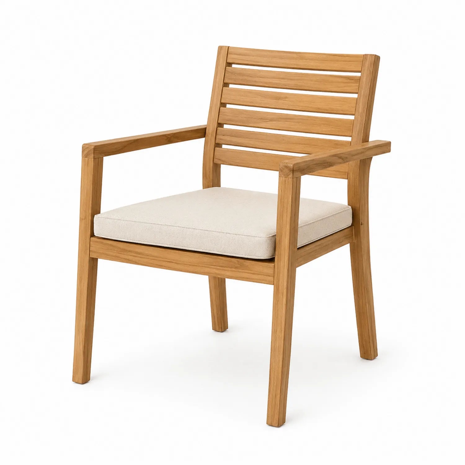 Silla de exterior de madera de teca y cojín de poliéster crema