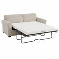 Sofá cama de tela beige con colchón desplegable