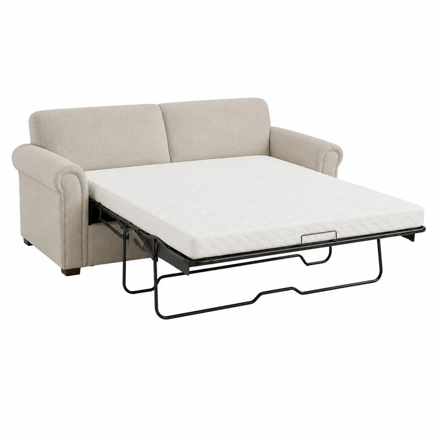 Sofá cama de tela beige con colchón desplegable