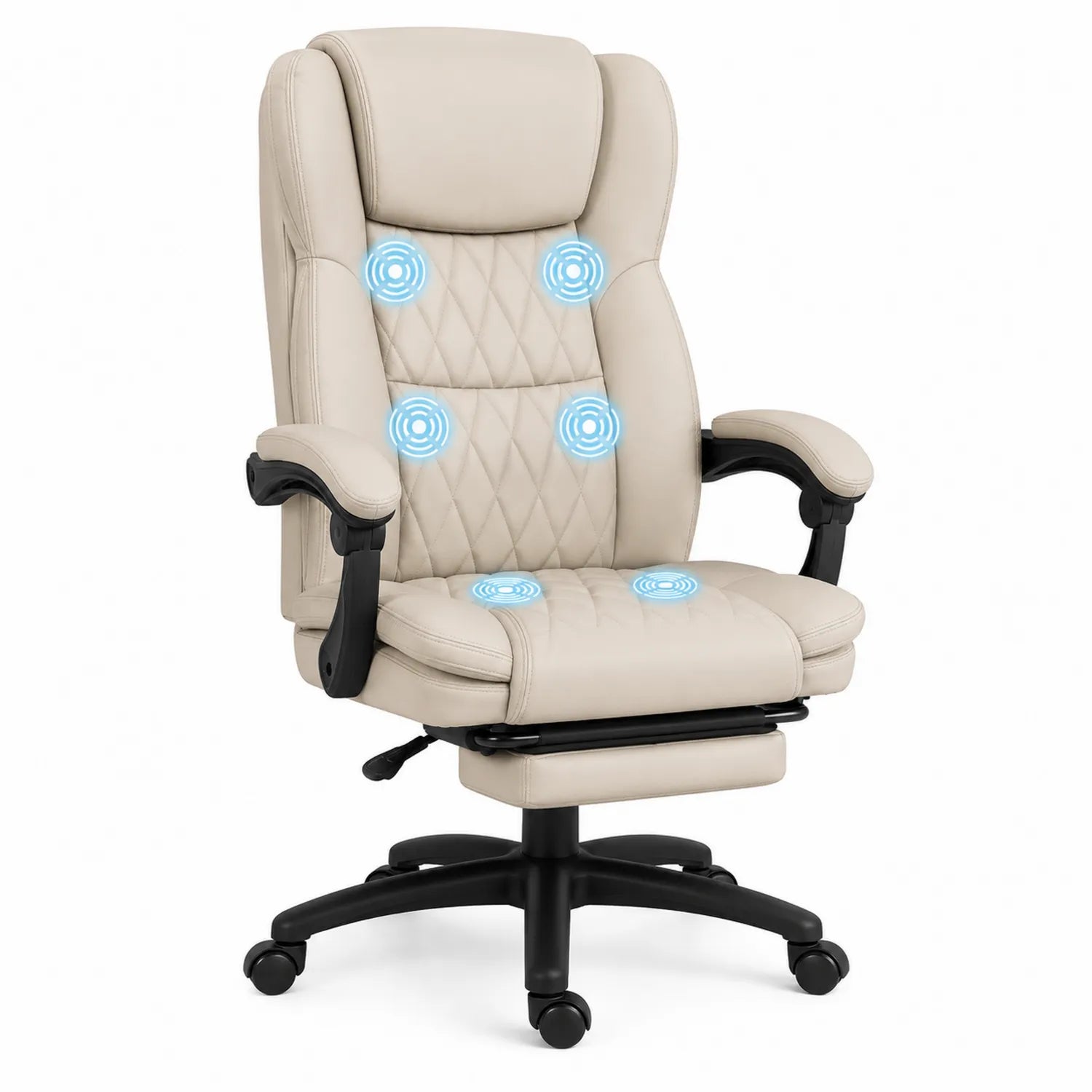 Silla de Oficina Ergonómica con Masaje y Reposapiés de Cuero PU Beige