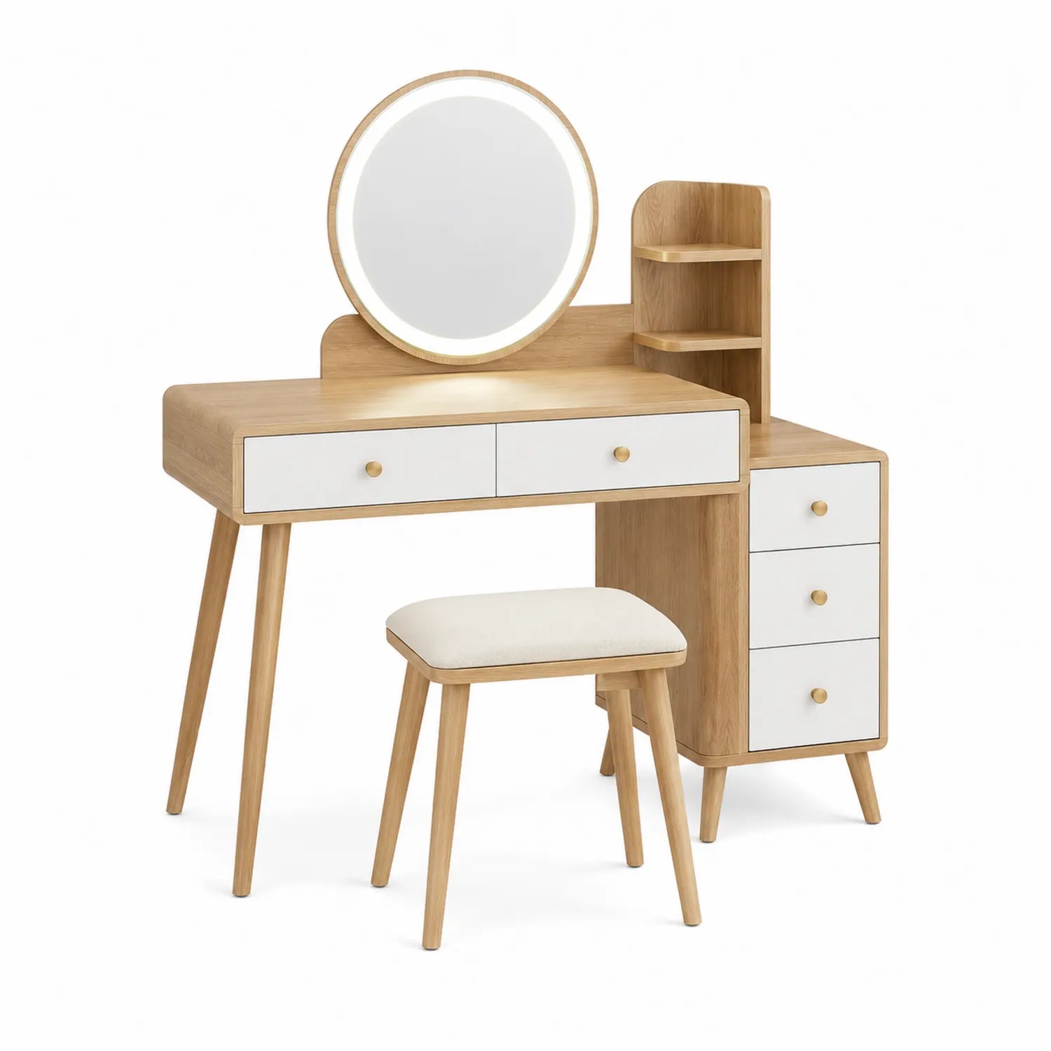 Tocador de Madera y MDF con Espejo LED Redondo y Taburete