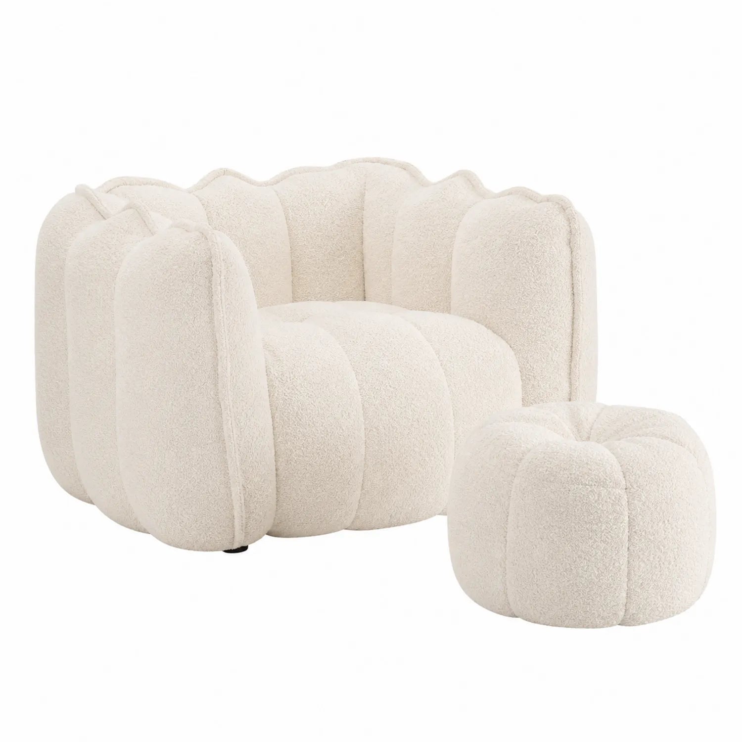 Sillón de tela bouclé con reposapiés color Beige 75x90x90 cm