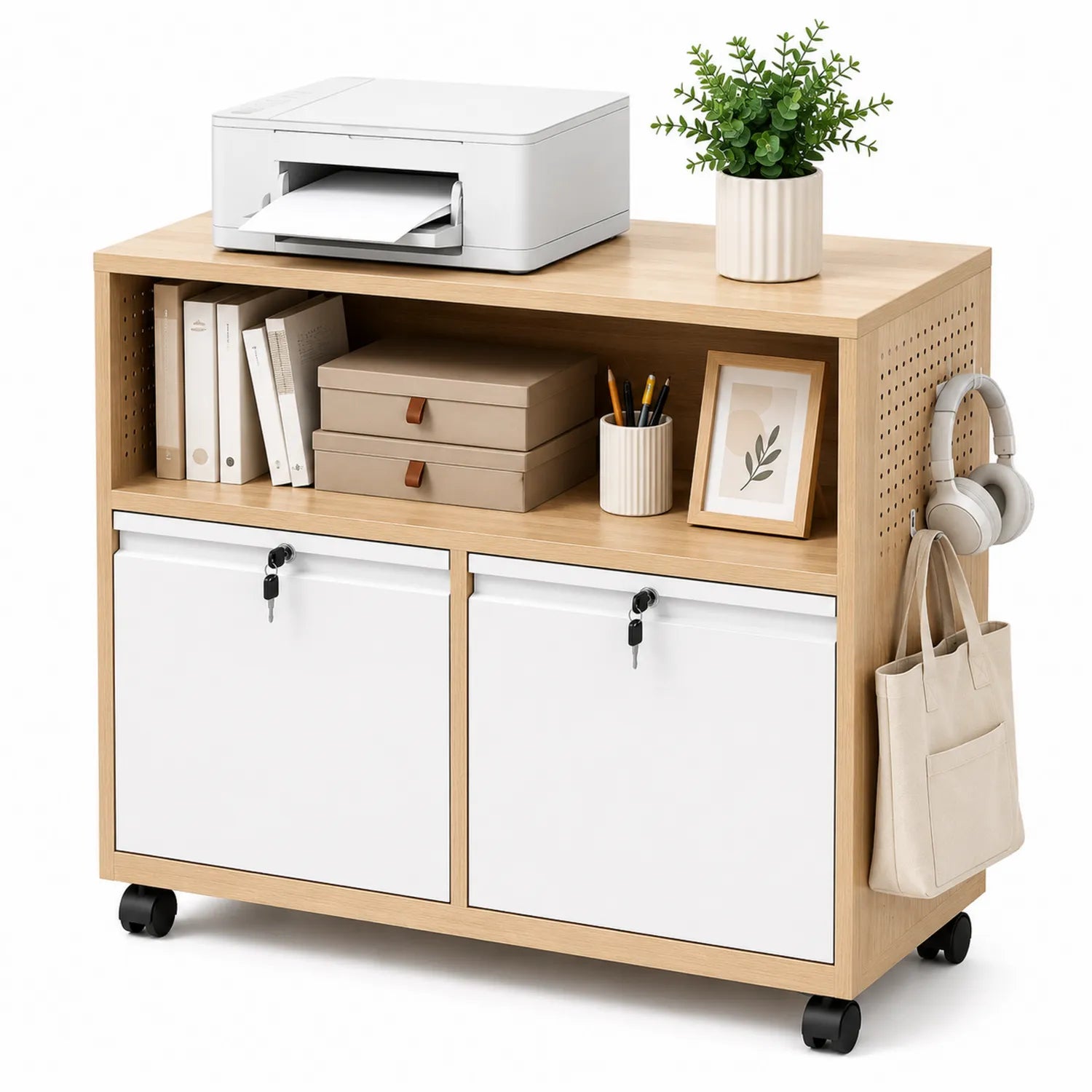 Archivador de aglomerado y metal con cerraduras 80x40x90 cm Roble/Blanco