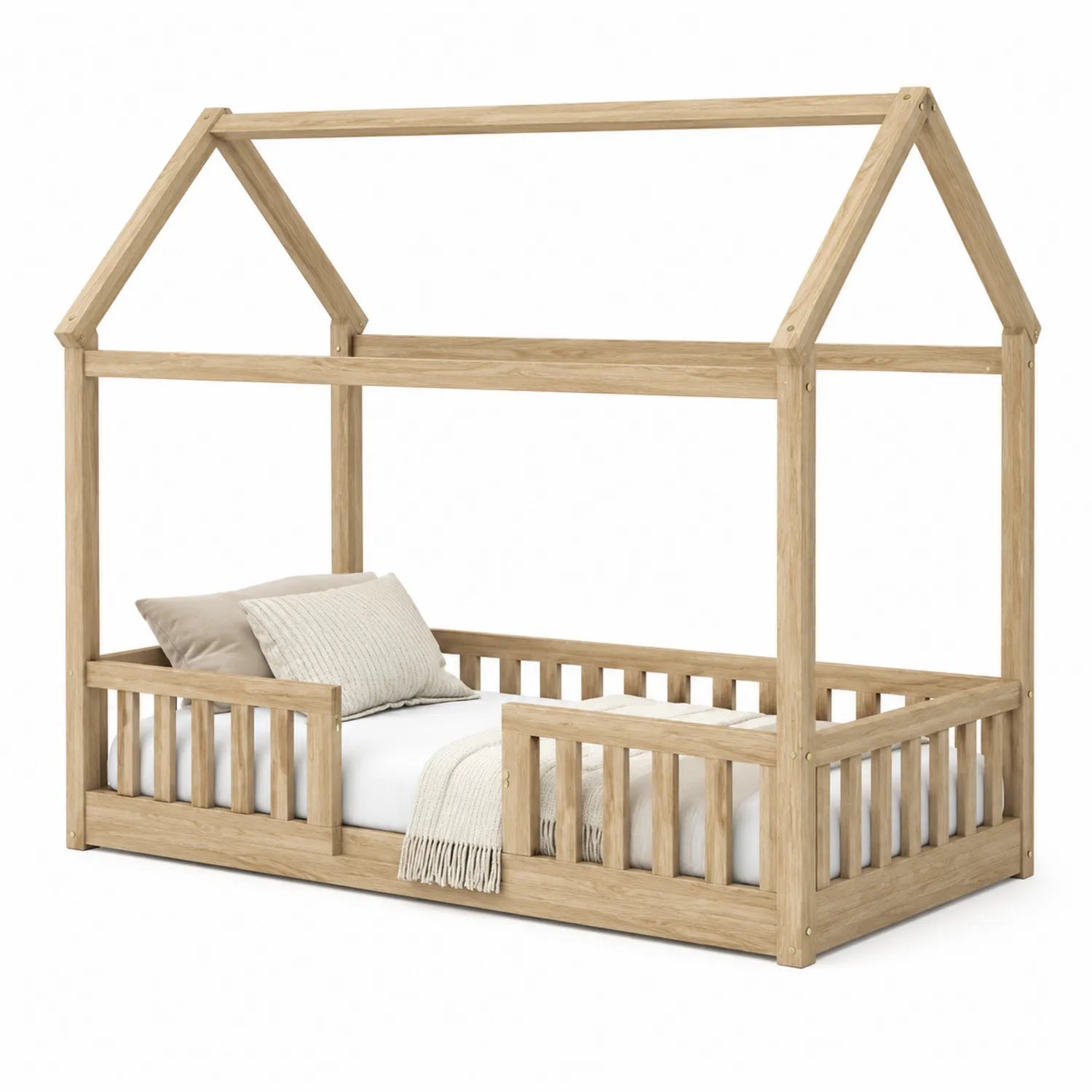 Cama infantil de madera maciza en forma de casa, color Natural