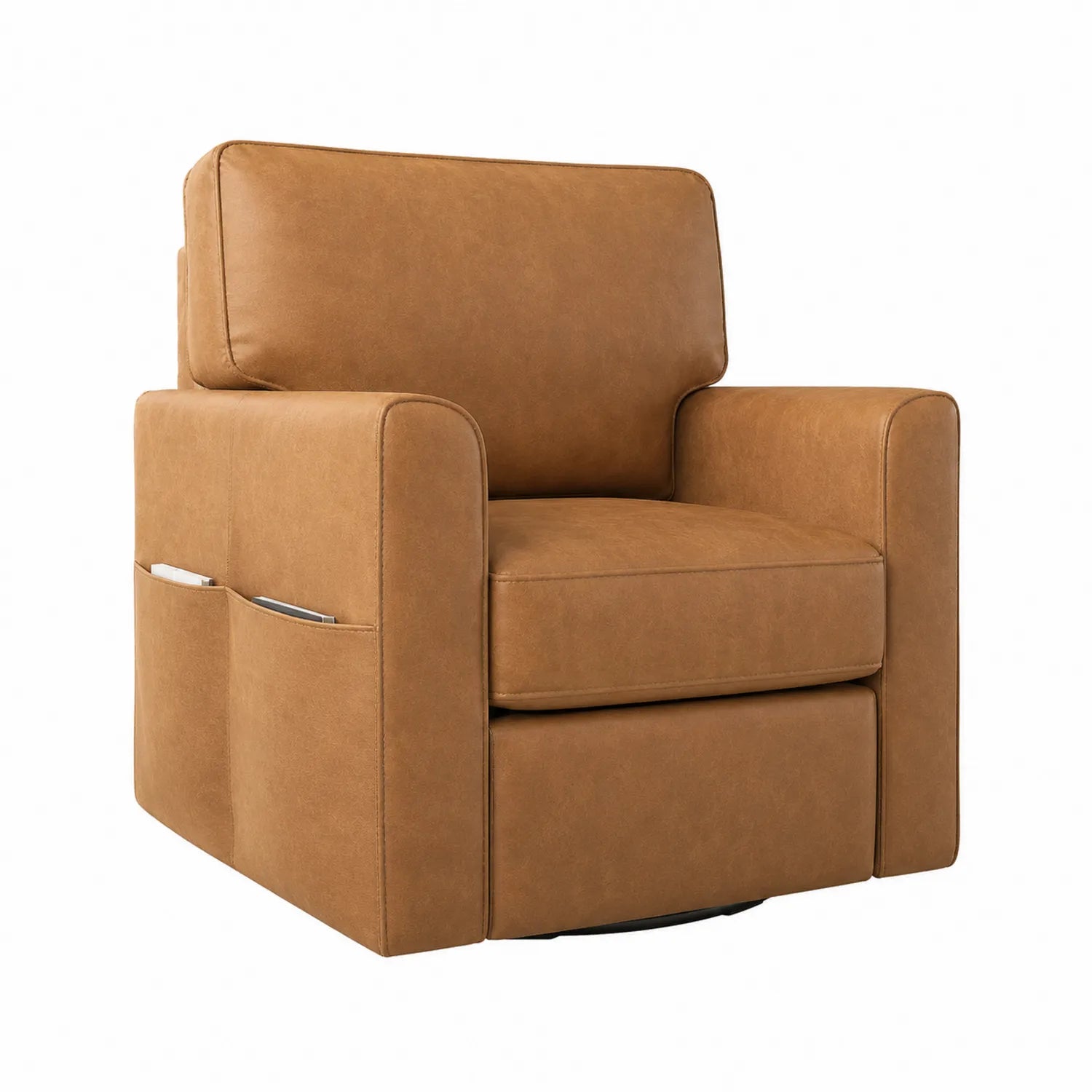 Sillón giratorio de cuero sintético marrón con bolsillos laterales