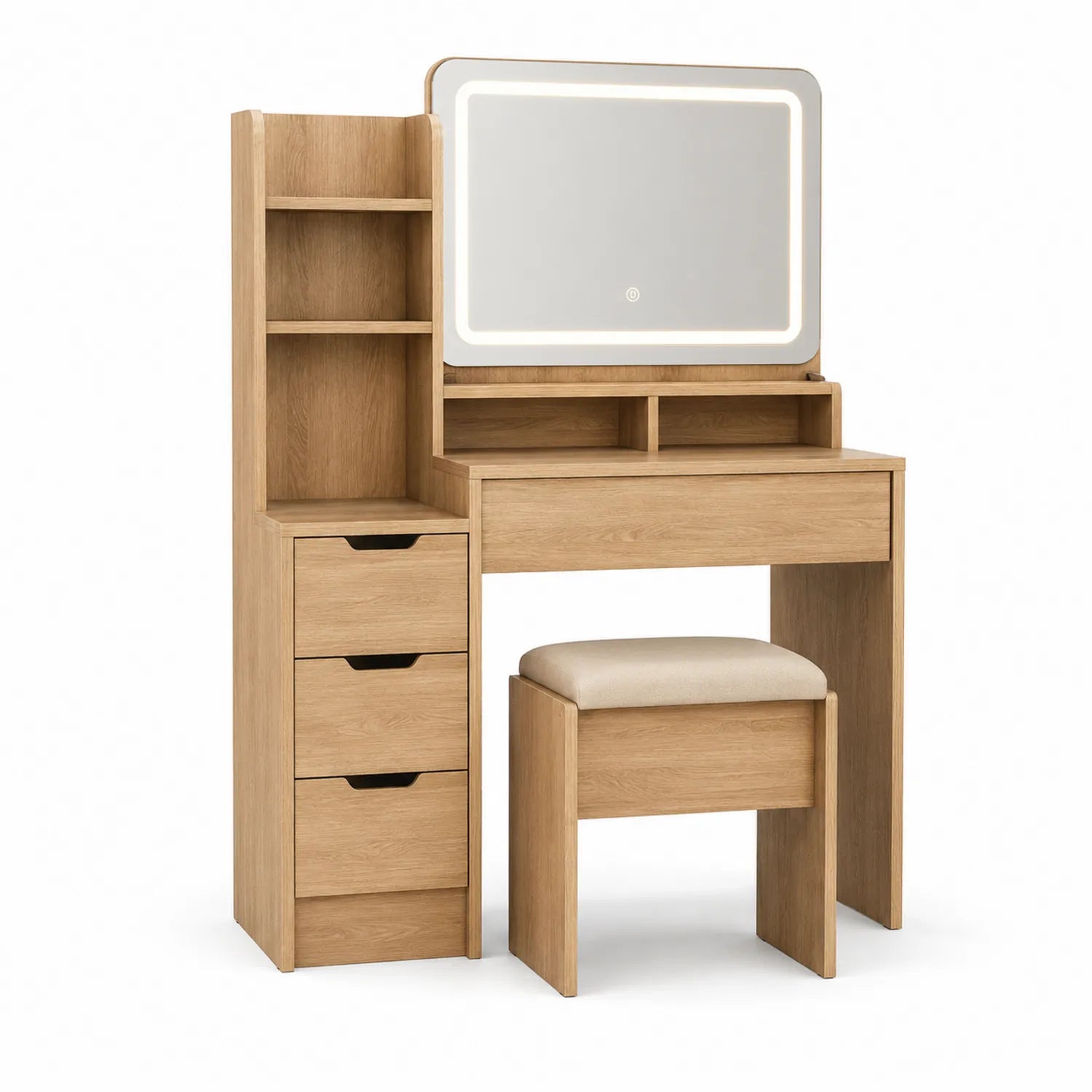 Tocador de madera con espejo LED y taburete, color Roble Claro