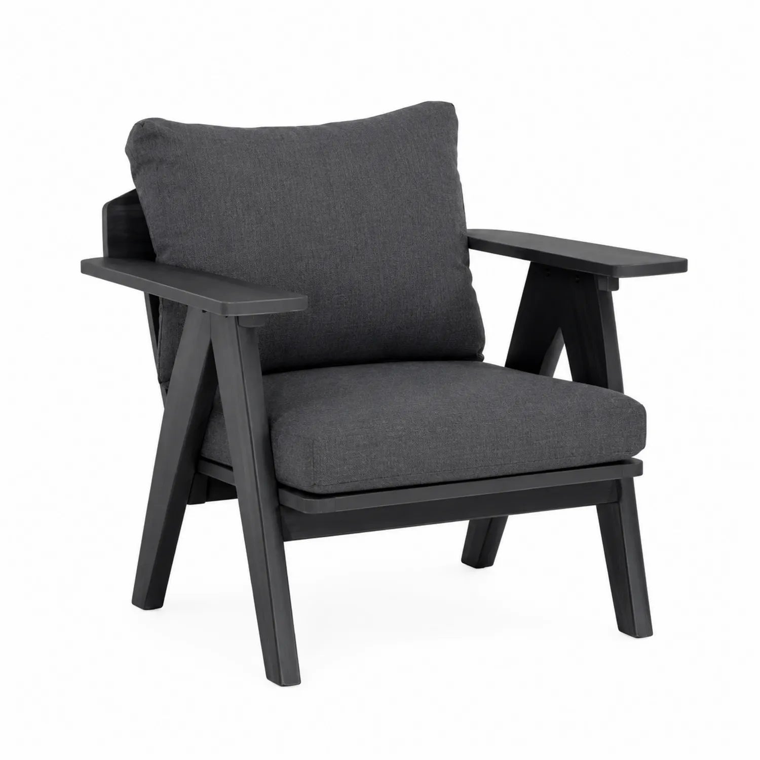 Silla de exterior con cojines de tela gris y estructura de madera negra