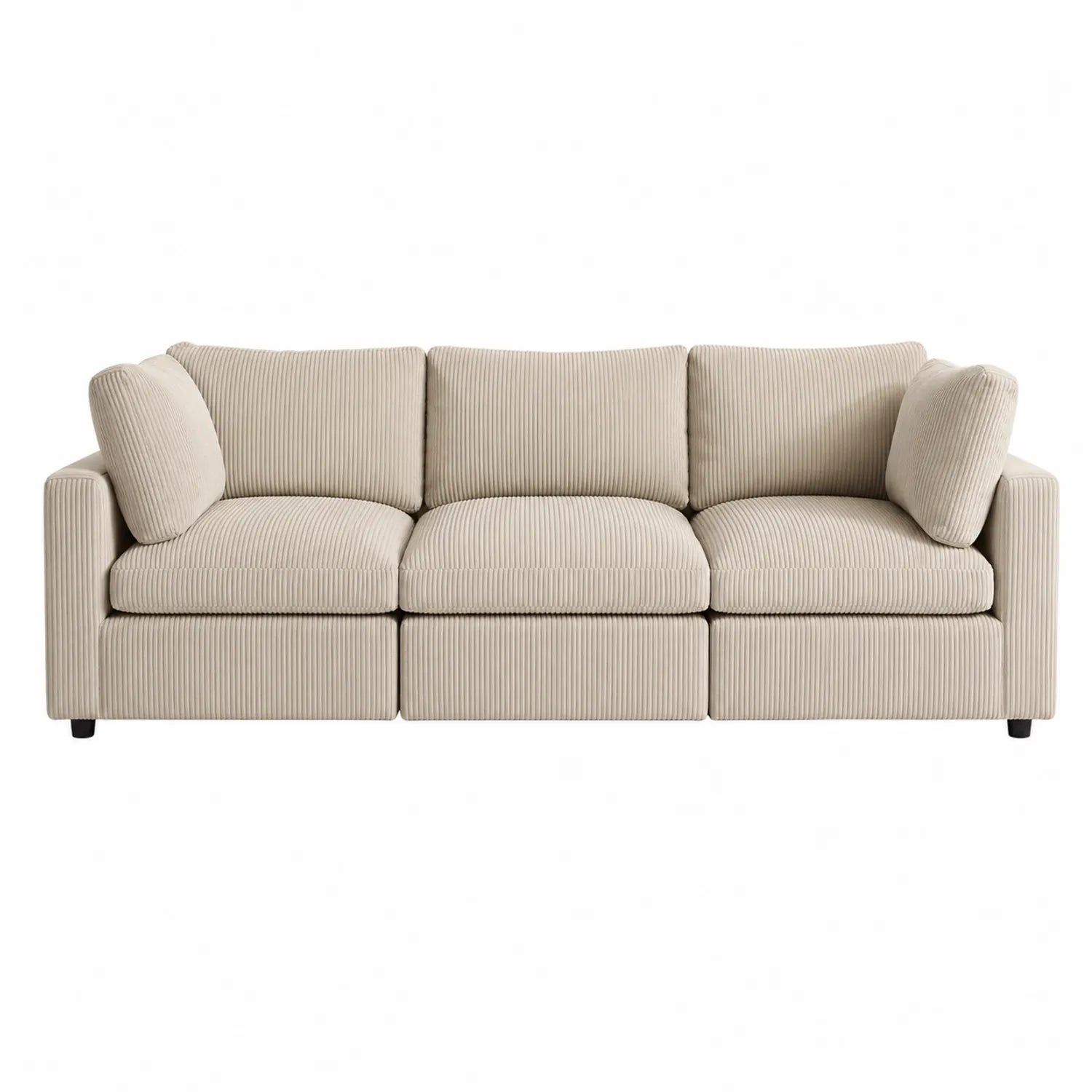 Sofá modular de 3 plazas de madera contrachapada y chenilla beige a rayas