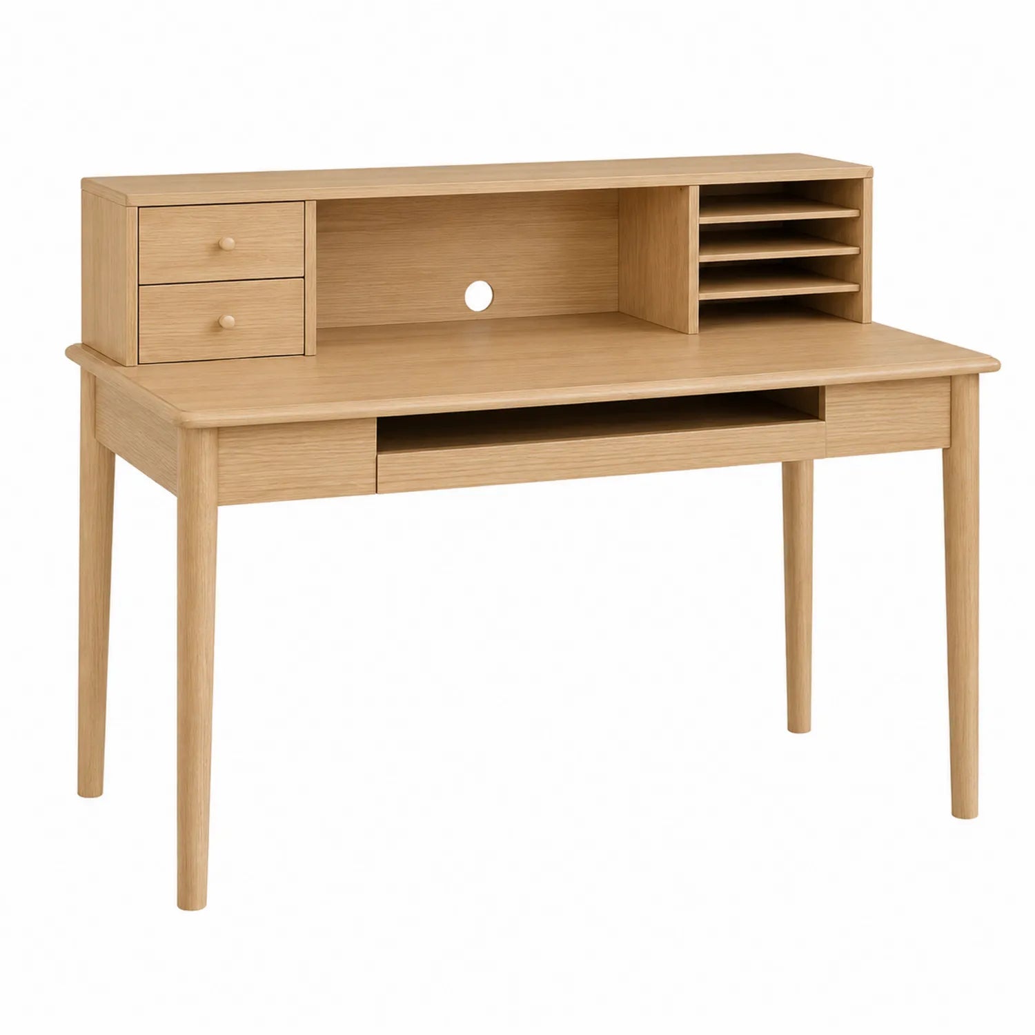 Escritorio de madera de roble con cajones y estantes