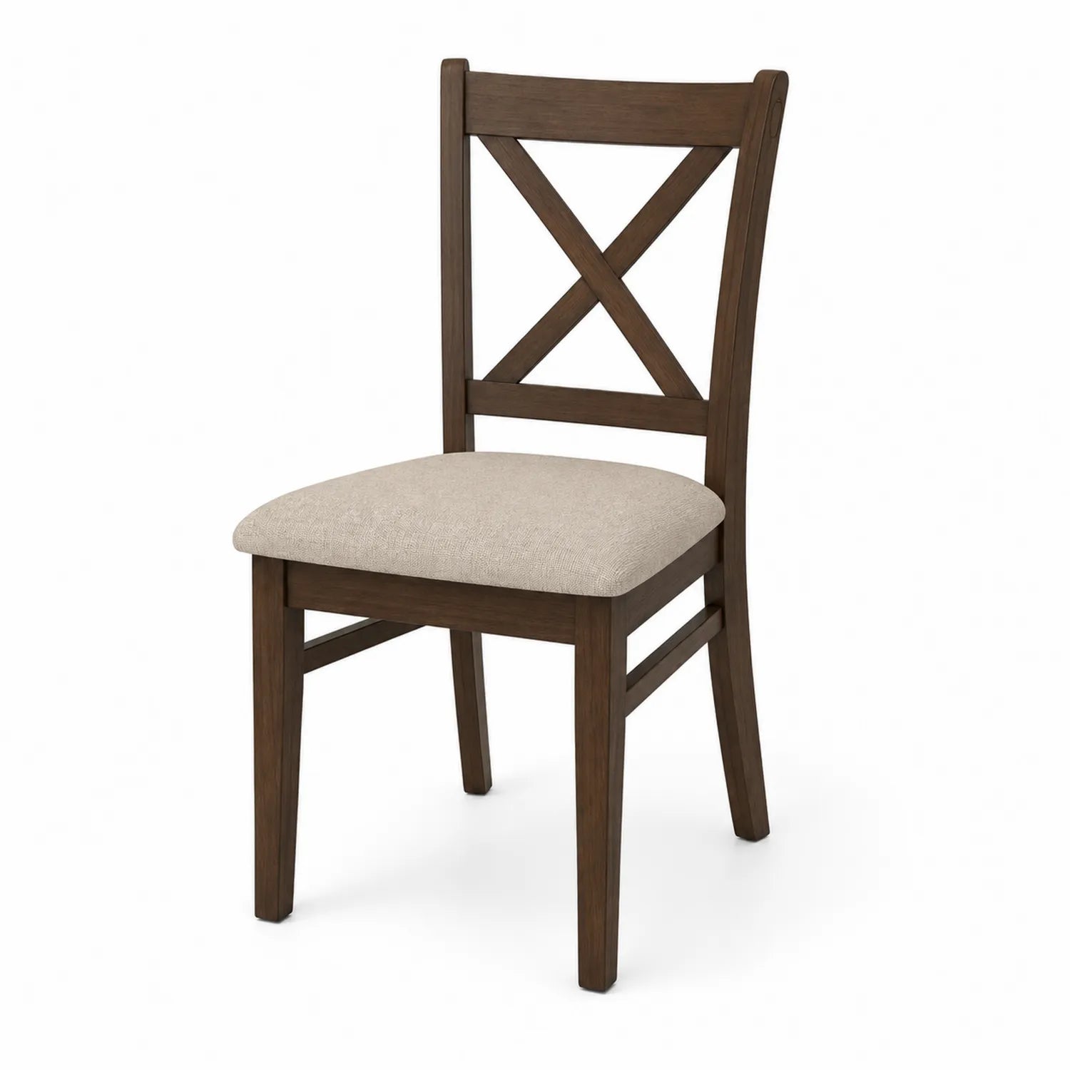 Silla de madera con asiento de tela marrón y beige