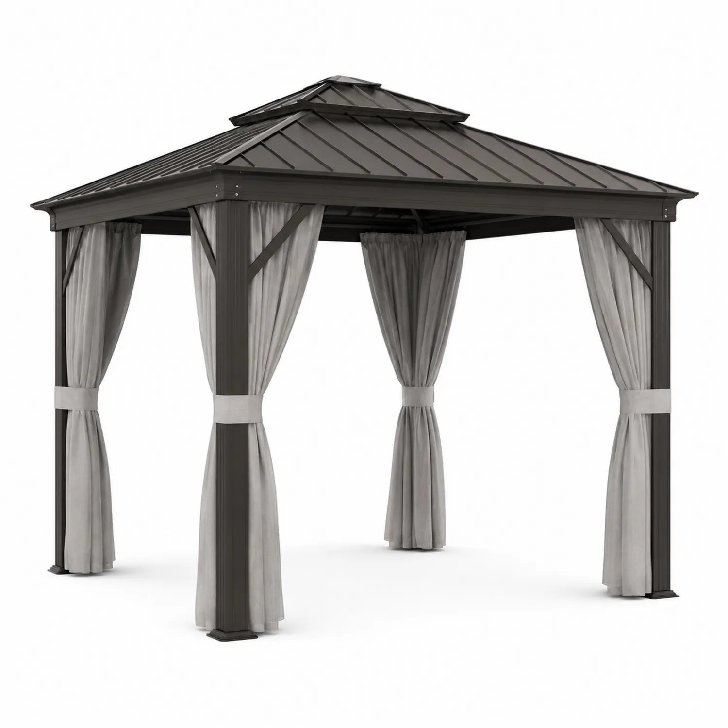 Pérgola de Aluminio con Techo Metálico y Cortinas de Tela Gris 3x3 m