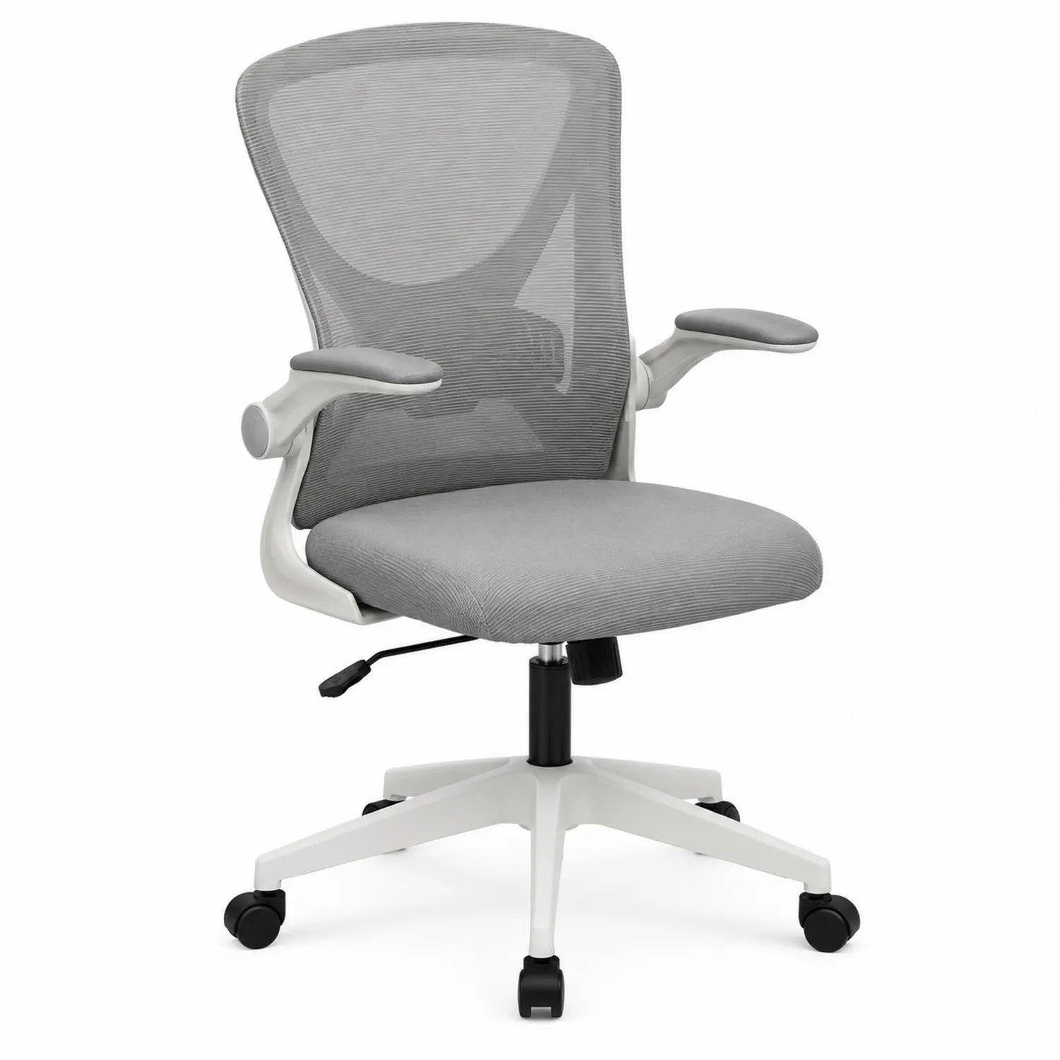 Silla de oficina de malla gris con reposabrazos ajustables