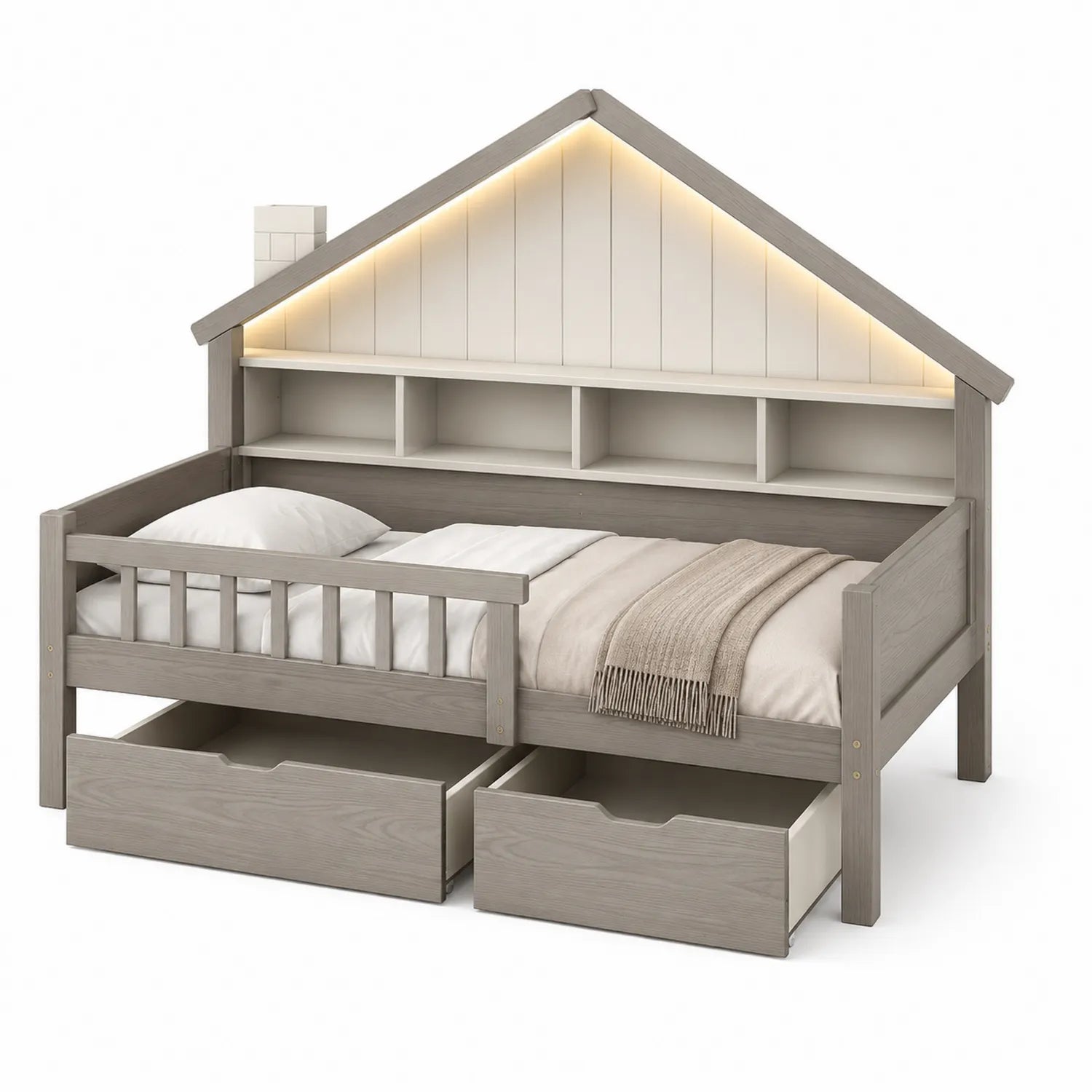 Cama infantil de madera maciza con almacenamiento y luz LED gris 200x90 cm