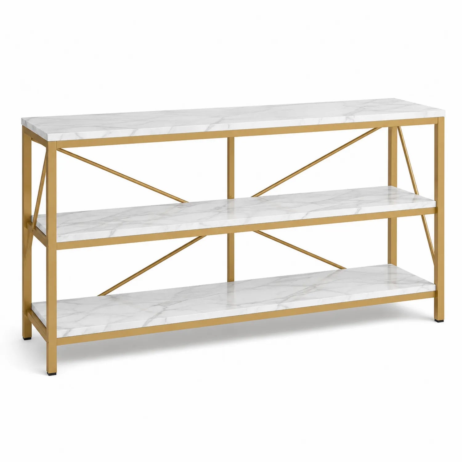 Mesa consola de metal con estantes de mármol sintético blanco 120x30x81.5 cm
