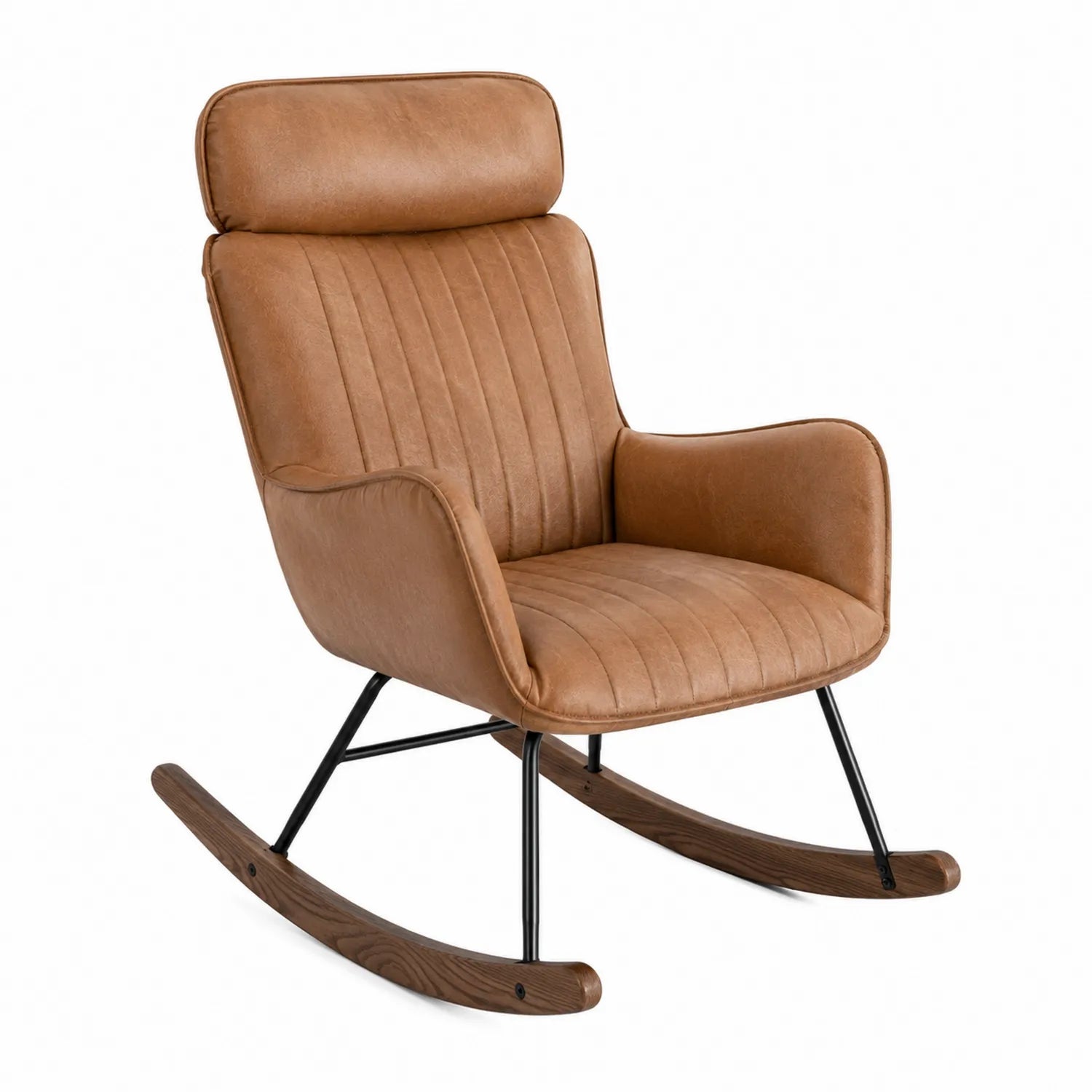 Silla mecedora de cuero sintético marrón con patas de metal y madera