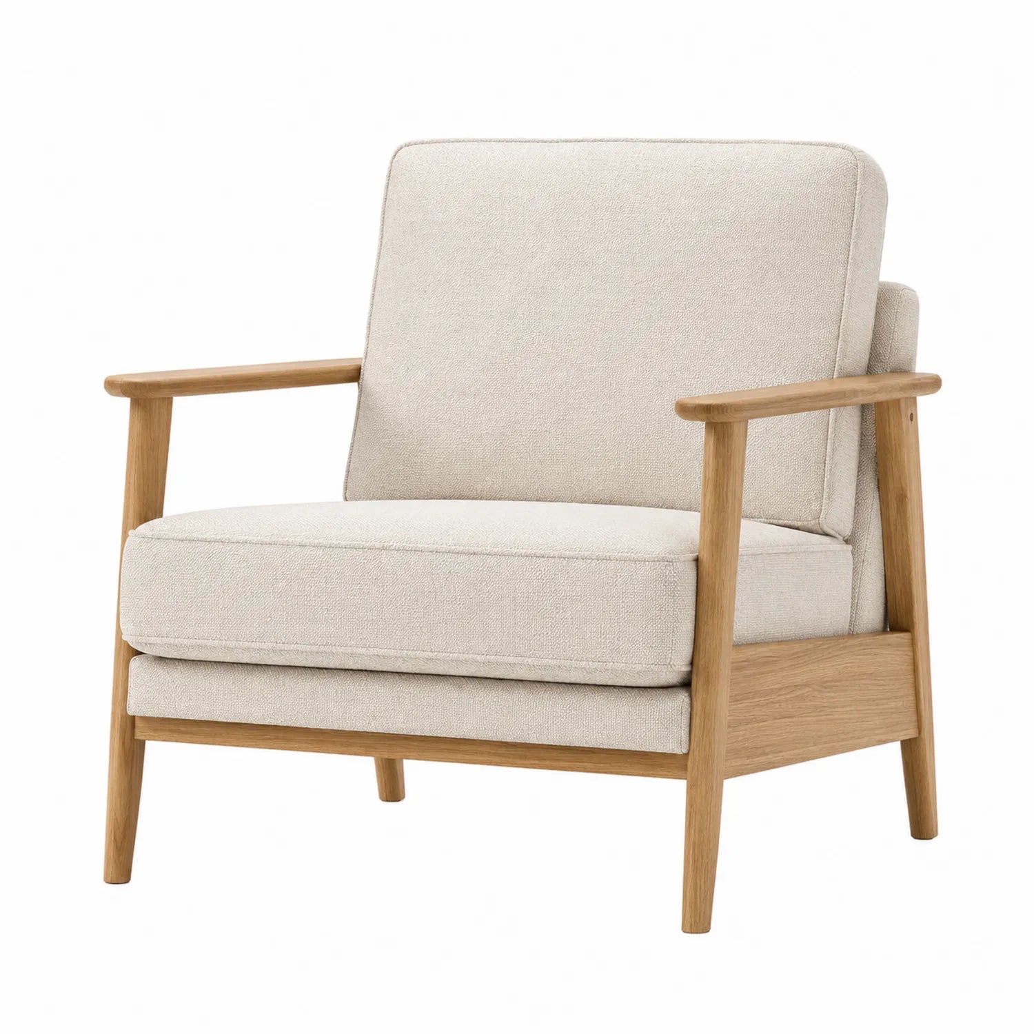 Sofá individual con estructura de madera y tapizado de tela beige