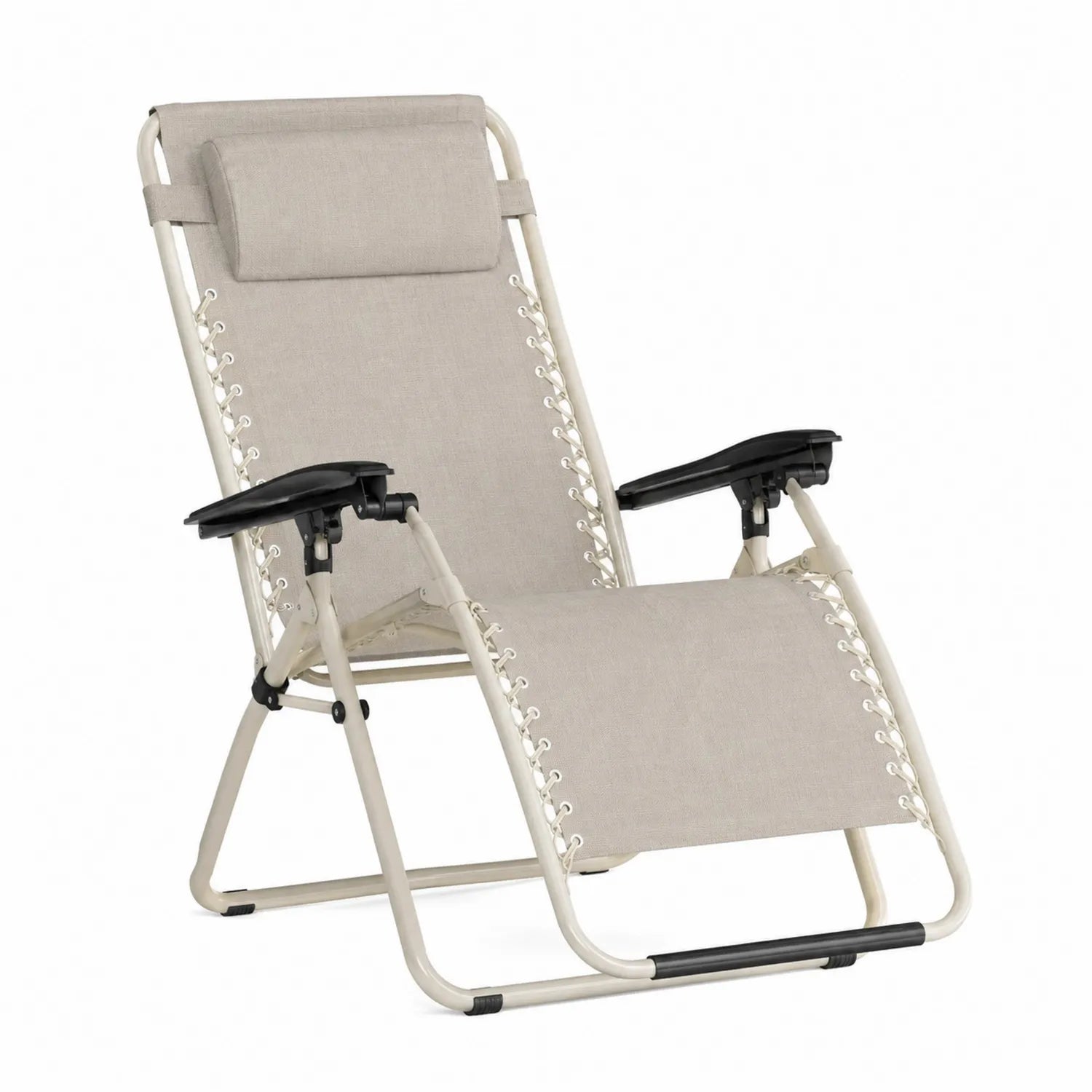 Silla plegable de exterior beige con estructura de acero y asiento de poliéster